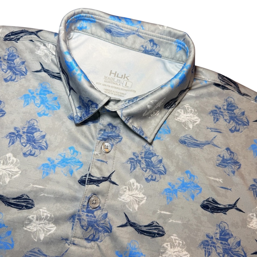 Huk Mens L KC Pursuit Printed Performance Polo Shirt Mahi Floral Short Sleeve